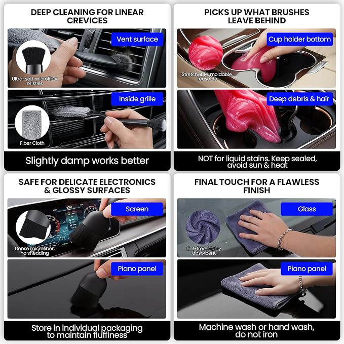 Detailing Brush Set, 9PCS Car Detailing Kit Interior with 2 Cleaning Gel & Towel, Boar Hair Car Detailing Brush, Soft Bristle Dust Brush for Dashboard Vents, Auto Truck SUV RV Accessories