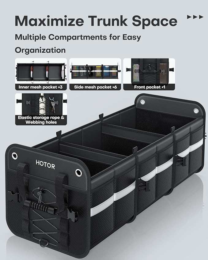 Trunk Organizer for SUV – Car Storage Box with Reflective Strips, Collapsible Car Organizer with Large Capacity, Essential Car Accessories for Truck, Van & Sedan, Black, 33.1" x 13.0" x 12.0"