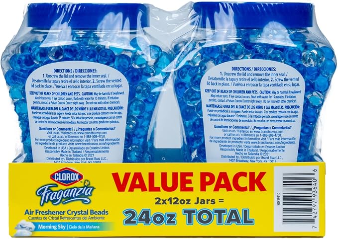 Fraganzia Crystal Beads Air Freshener Twin Pack, Long Lasting Room Deodorizer and Odor Eliminator Gel Beads for Home, Car, or Office, Morning Sky Scent, 24 Fl Oz