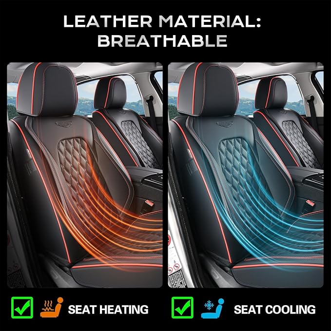 Coverado Full Set Car Seat Covers, Luxury Faux Leather Waterproof Seat Covers, 5-Seat Universal Fit, Front & Back Car Seat Protectors,Leather Seat Covers for Most Cars-Black & Red Line