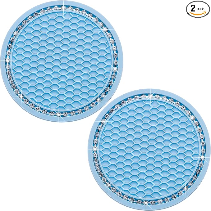 2PCS Bling Cup Holder Coaster, 2.75 Inch Auto Car Cup Holder Insert Coasters, Soft Silicone Anti-Slip Shockproof, Universal Vehicle Interior Accessories for Women Girls (Light Blue & White)