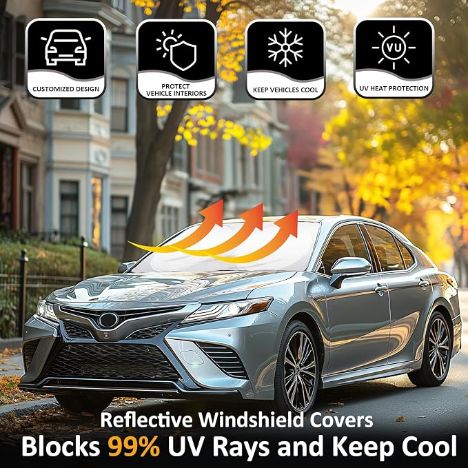Windshield Sun Shades Custom Fit for Toyota Camry 2007-2017- Sunshade for Front Window Cover - Double Layer Heat Shield Sun Visor Cool Car Accessory