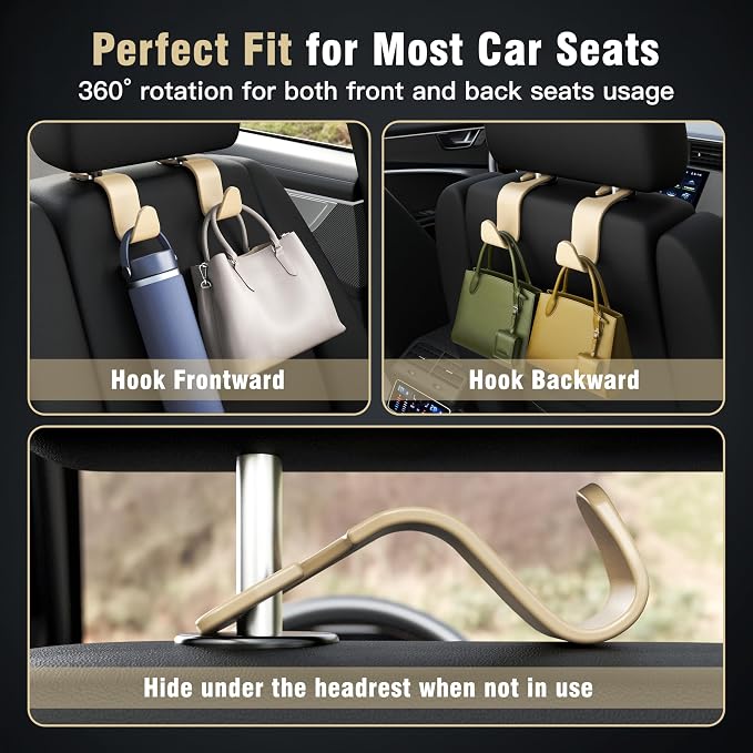 4-Pack Car Headrest Hooks Vehicle Storage Organizer for Purses Handbags Groceries Coats –Holds 55lbs 360° Rotating Simple Design Beige