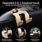 Upgraded Superior Leather Car Seat Back Headrest Hook, 2 in 1 Auto Seat Hook Hangers Holder Organization Interior Accessories for Purses Coats Umbrellas Grocery Bags Handbag (Beige)