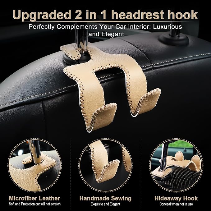 Upgraded Superior Leather Car Seat Back Headrest Hook, 2 in 1 Auto Seat Hook Hangers Holder Organization Interior Accessories for Purses Coats Umbrellas Grocery Bags Handbag (Beige)