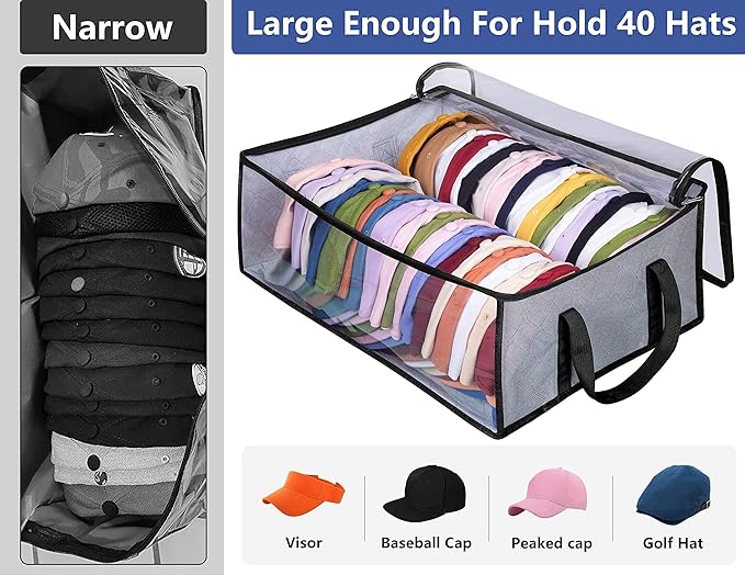 Hat Storage for Baseball Caps, Large Holds up to 40 Caps Wide Hat Organizer for Closet Snapback Holder, Grey