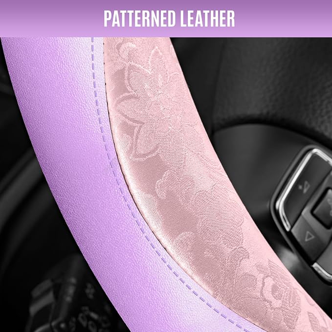 Steering Wheel Cover, Pink Patterned & Light Purple Leather Patchwork Design, Universal Fit 14.5"–15.5", Anti-Slip, Soft PU Grain Leather, Durable Grip Car Accessory for Girls & Women