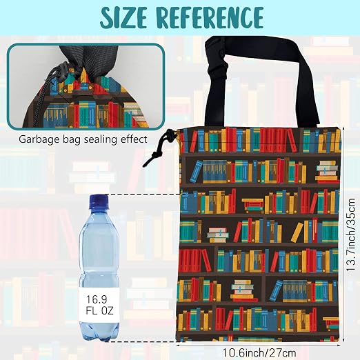 Car Garbage Bag Colorful Bookshelves Library Drawstring Car Trash Bag Hanging for Back Seat with Adjustable Buckle Canvas Vehicle Trash Can Easy-to-Install
