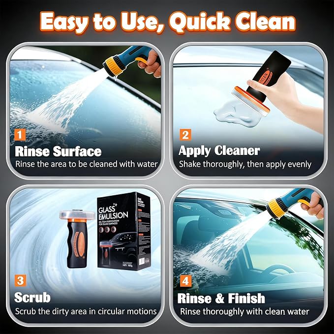 Glass Emulsion Cleaner, Windshield Cleaner, Car Windshield Cleaner Tool Roll-On Glass Compound with Cleaning Board, Removes Oil Film & Smudges, Improve Windshield Clarity for Safe Driving(100ml+Brush)