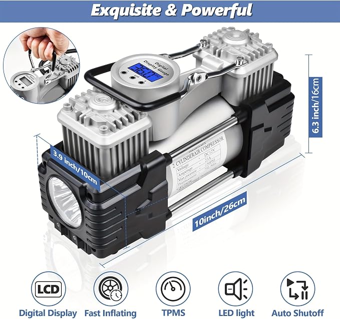 Dual Cylinder Tire Inflator Air Compressor, 150 PSI 12V DC Portable Air Pump with Digital Display, LED Flashlight, Auto Shut-Off, Heavy Duty for Truck, SUV, Car, RV (SILIVER)