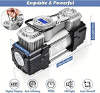 Dual Cylinder Tire Inflator Air Compressor, 150 PSI 12V DC Portable Air Pump with Digital Display, LED Flashlight, Auto Shut-Off, Heavy Duty for Truck, SUV, Car, RV (SILIVER)