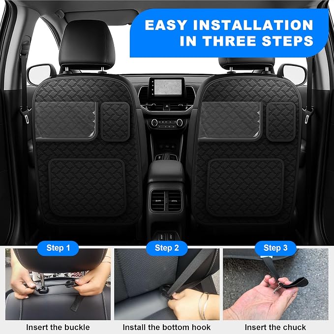 Car Kick Mats Back Seat Protector 2 Pack Fit for Toyota Grand Highlander with Touch Screen Tablet Holder Storage Organizer Waterproof Dirt Proof Faux Leather for Kids (Black)