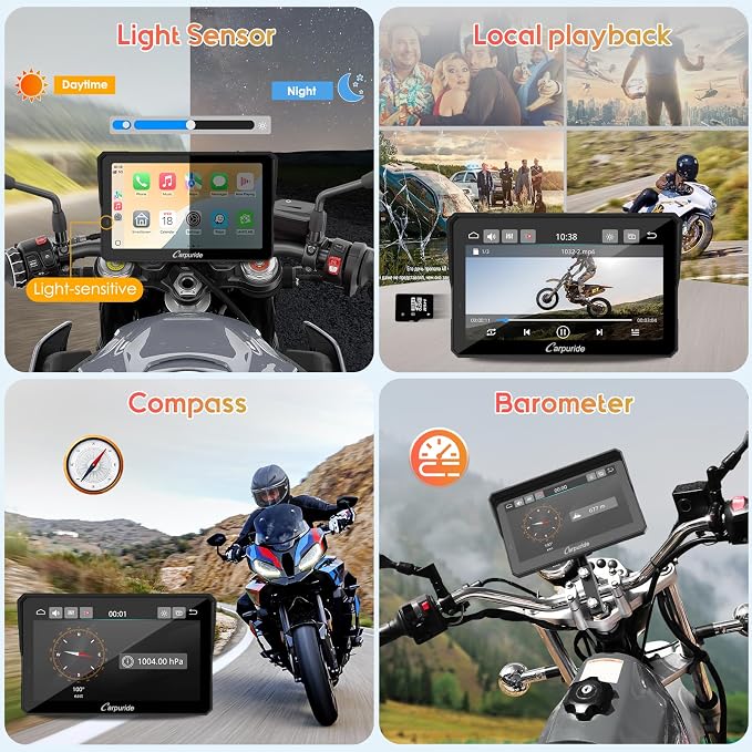 Carpuride W702B PRO Motorcycle Carplay Screen for BMW R1200GS R1250GS S1000XR Motorcycle, 7 inch Waterproof Touchscreen, Portable Carplay/Android Auto GPS Navigation for Motorbike, Dual Bluetooth