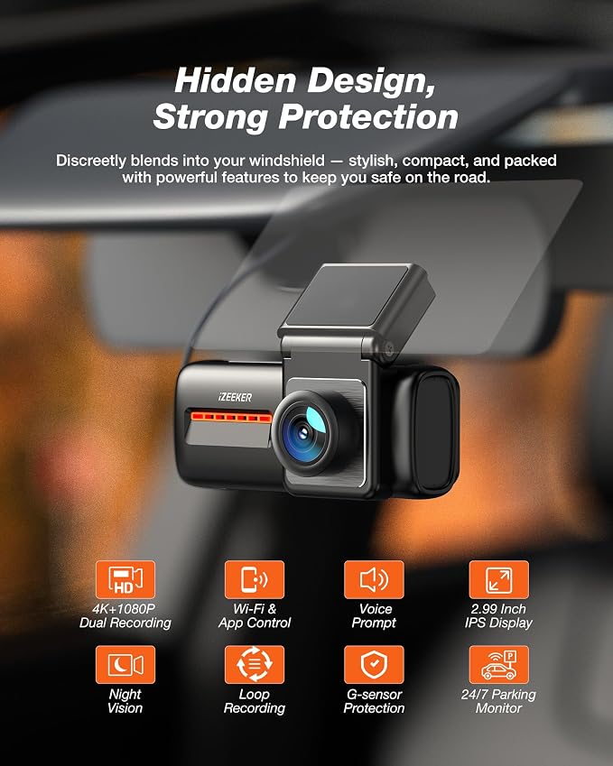 4K Dash Cam Front and Rear, WiFi 6 Dash Camera for Cars, 4K+1080P Dual Dash Camera with APP Control, Night Vision, WDR, G-Sensor, Loop Recording, 24H Parking Mode, Voice Prompt