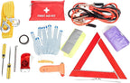 Roadside Car Emergency Kit - First Aid Set, Jumper Cables, Tow Strap, LED Flash Light, Rain Coat, Tire Pressure Gauge, Safety Vest and More (Black)