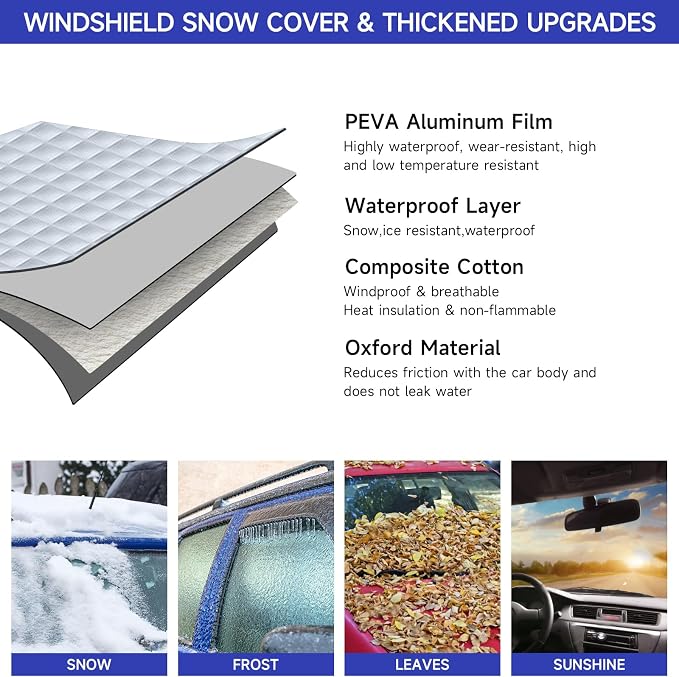 Car Windshield Snow Cover with Side Mirror Cover & 2 in 1 Brush | Thickened 4 Layers, Cold Protection, Ice Scraper, For Most Cars SUVs Trucks