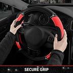 Leather Steering Wheel Cover - Made with PVC Leather - Anti-Slip, Universal Fit 14 1/2 inches to 15 inches - Red