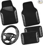 Leather Steering Wheel Cover and Waterproof Car Floor Mats,Microfiber Universal Car Combo Fit for 95% Sedan,SUV,Cars,14.5-15inch Sporty Anti-Slip Safety Comfortable Design(Carbon Fiber Black)