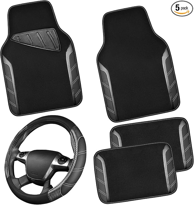 Leather Steering Wheel Cover and Waterproof Car Floor Mats,Microfiber Universal Car Combo Fit for 95% Sedan,SUV,Cars,14.5-15inch Sporty Anti-Slip Safety Comfortable Design(Carbon Fiber Black)