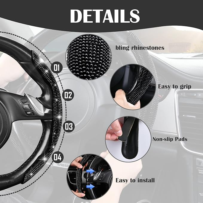 2PCS Bling Diamond Segmented Steering Wheel Cover with Crystal Rhinestones, Wheel Protector Non-Slip Cute Car Accessories Universal Fit D-Shape O-Shape 14.5" to 16" for Women, Black Diamond
