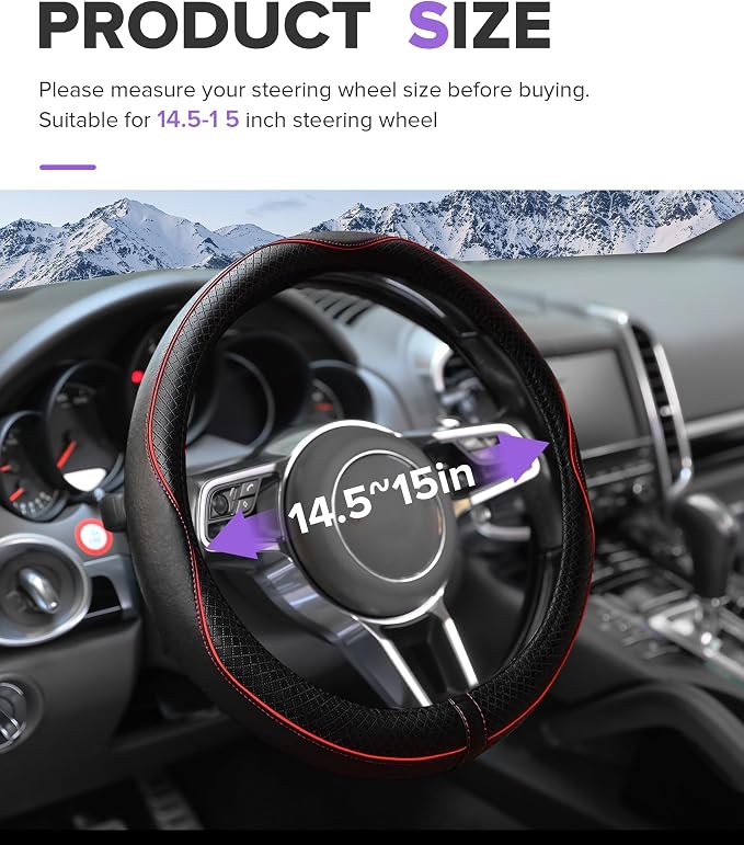 Steering Wheel Cover,Car Accessories,Microfiber Leather Car Steering Wheel Covers,Universal 15 Inch Anti-Slip Breathable Auto Interior Decor Protector,Suitable for Most Cars (Black&Red)