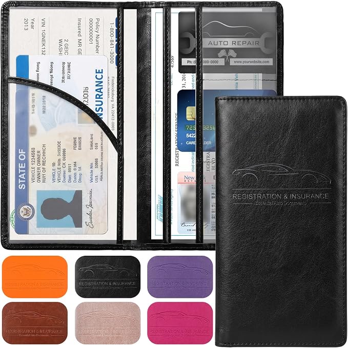 Premium Car Registration & Insurance Card Holder with Magnetic Shut, Vehicle Glove Box Car Organizer - For Documents, Cards, License (Cowhide Black)