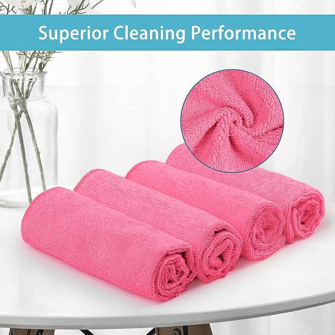Pink Microfiber Cleaning Cloth, 8 Pack Cleaning Towels for Kitchen, Lint Free, Scratch-Free, Highly Absorbent, and Reusable Cleaning Rags for House, Window and Glass, Cars, 11.5 X11.5 inch
