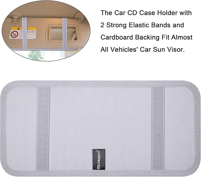 Car CD Case Holder, Vehicle Sun Visor Organizer for Cars with 12 DVD Storage Sleeves, 1 Mesh Pocket, 1 Pen Holder and Elastic Strap, Gray