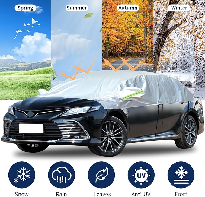 Hrozny Car Snow Cover, Half Car Cover Sedan Waterproof All Weather, Winter Car Windshield Cover for Ice and Snow, Frost Guard Windshield Cover Universal Fit for Most Cars (Sedan)