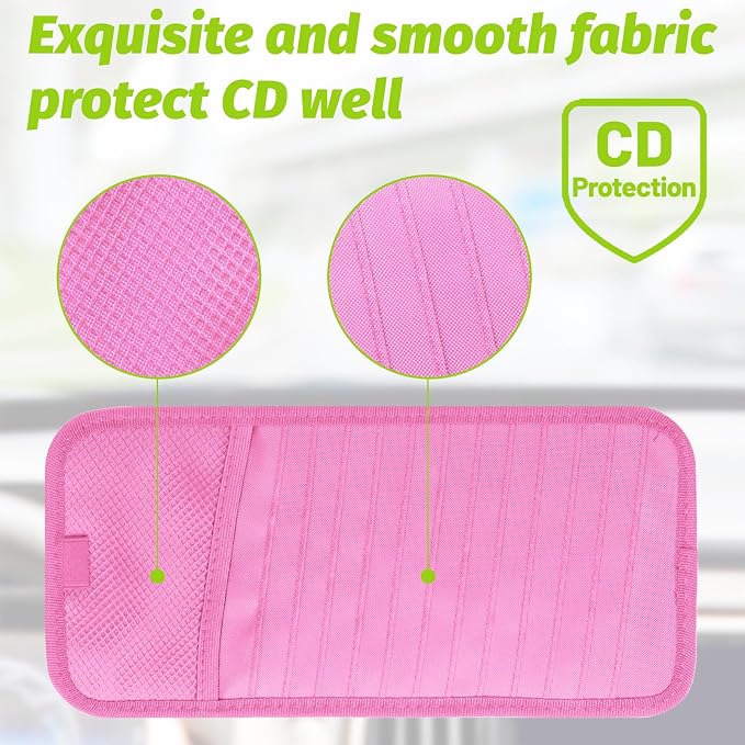 Car CD & DVD Holder - Large Capacity CD Visor Case, Vehicle Visor Storage Organizer with 12 Disc Sleeves, 1 Mesh Pocket 1 Pen Holder and & Elastic Band (Pink)
