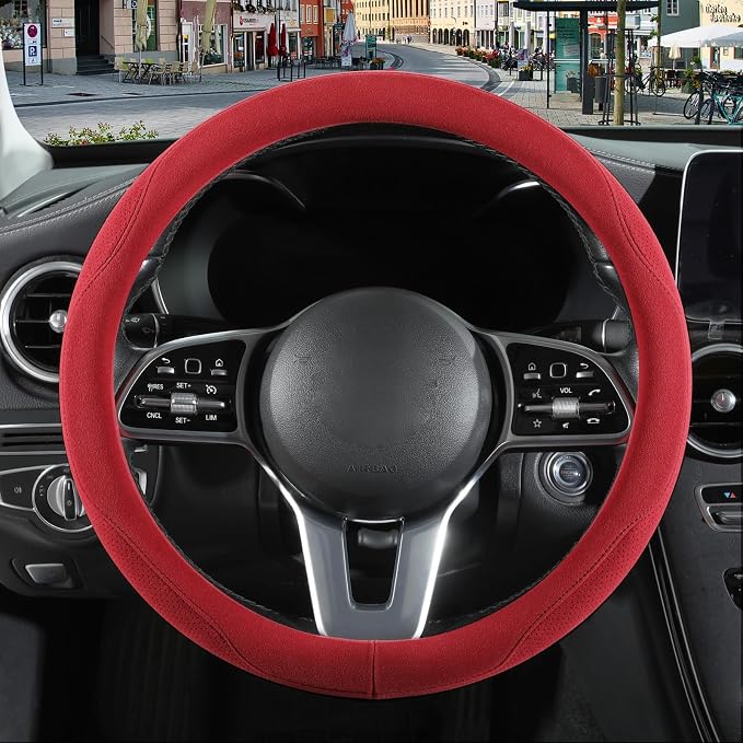 14 inch Red Suede Steering Wheel Cover, Breathable Non-Slip Sweat-Proof Wear-Resistant No Pilling, Warm in Winter and Cool in Summer