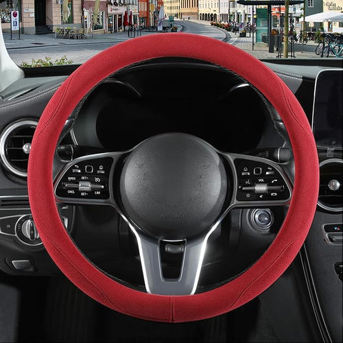 14 inch Red Suede Steering Wheel Cover, Breathable Non-Slip Sweat-Proof Wear-Resistant No Pilling, Warm in Winter and Cool in Summer