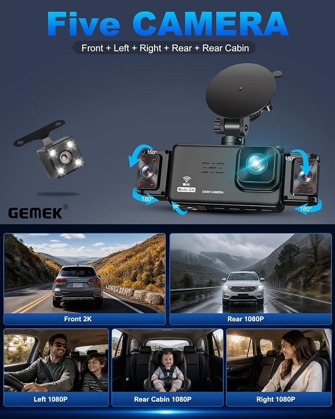5 Channel Dash Cam 360° View 5G WiFi & APP Control, 2K Front and Rear Inside, Left Right Dash Camera for Cars Free 64GB TF Card, G-Sensor, Night Vision, 24H Parking Mode