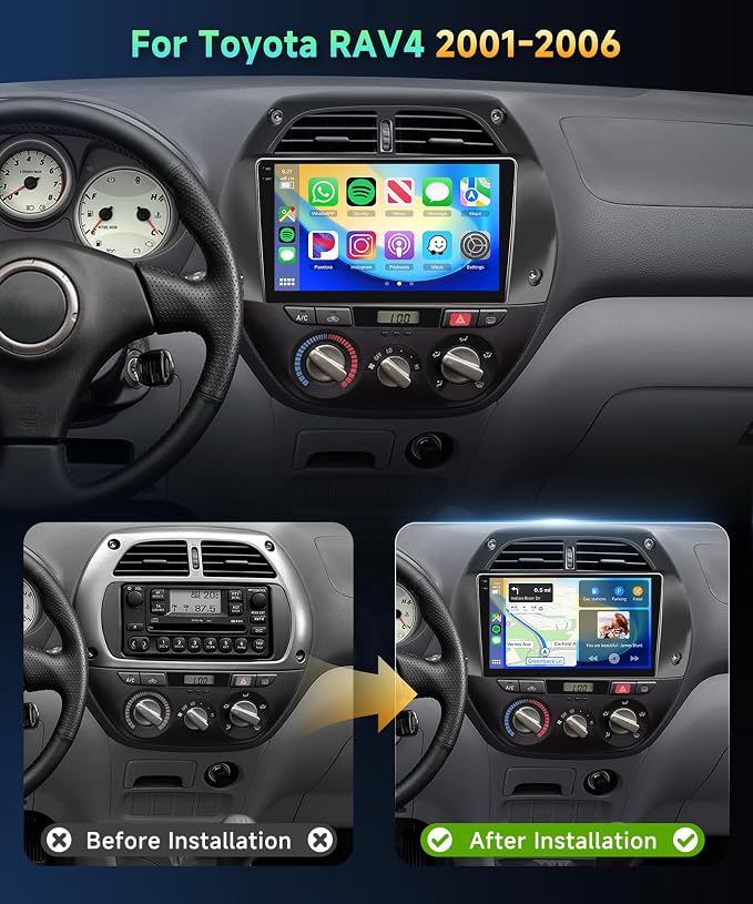 4G+128G Car Radio for Toyota RAV4 2001-2006 Stereo 9 inch in-Cell Screen Full Touchscreen Wireless CarPlay/Android Auto Android 15 Bluetooth DSP FM/RDS GPS WiFi SWC AHD Backup Camera