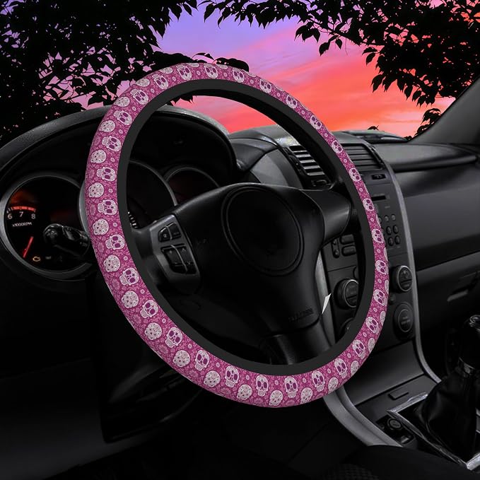 Day of the Dead Sugar Skull Steering Wheel Cover for Women Men Neoprene Breathable Pink Floral Wheel Cover Protector Anti-Slip Car Accessories Universal 15 Inch Fit for Cars Trucks Vehicles