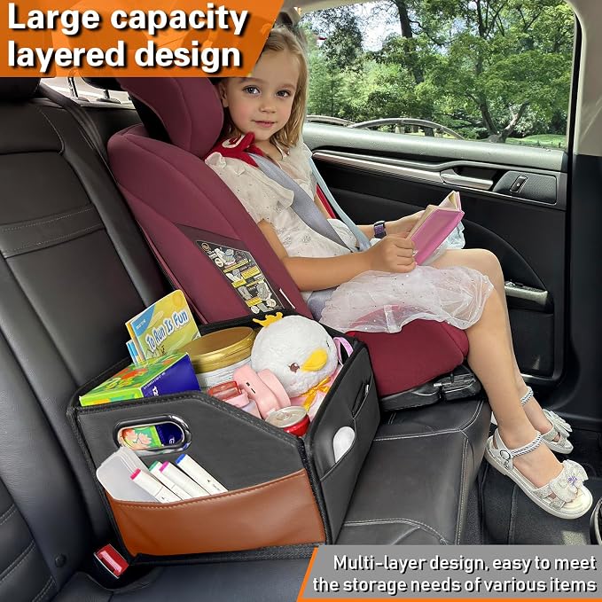 Car Organizer - 2025 Upgraded Leather Car Storage Organizer for Front Back Seat or Floor with 3 Metal Handles 6 Apartments, Multipurpose Car Organizers and Storage Black.