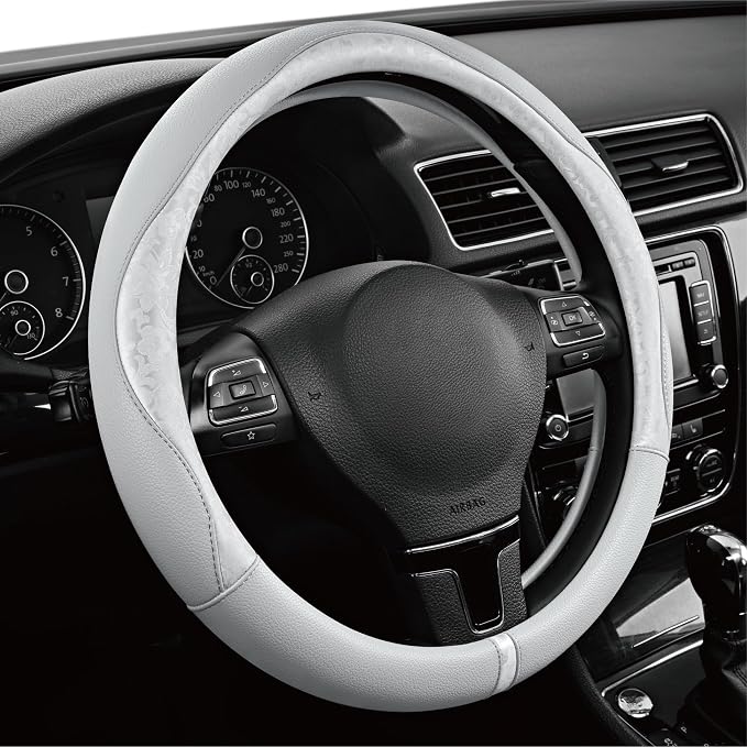 Steering Wheel Cover, Silver Patterned Leather Patchwork Design, Universal Fit 14.5"–15.5", Anti-Slip, Odor-Free, Soft PU Grain Leather, Durable Grip Car Accessory for Girls & Women