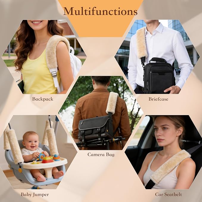 Soft Faux Fur Universal Fit Seatbelt Cover Car Truck SUV Airplane Seat Belt Shoulder Pad for Carmera Backpack Straps Neck Cushion Protector 2 Pack 10.5in Beige