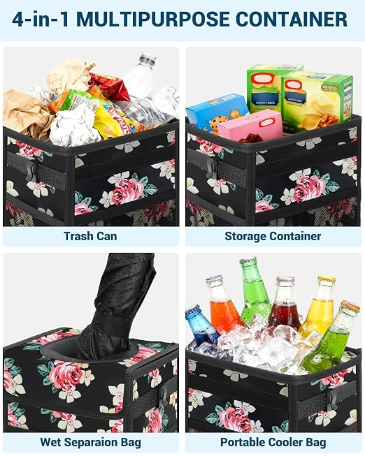 Car Trash Can with Lid, Leakproof Car Trash Bag Hanging Waterproof Automotive Garbage Can with Storage Pockets Mini Vehicle Trash Bin for Back/Front Seat(Flower,2.5 Gallon)