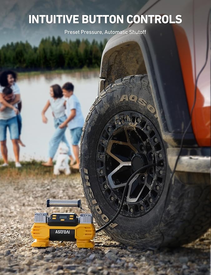 Portable 160 PSI DC Heavy Duty Tire Inflator Pump Auto Shutoff with Screen, Dual Cylinders & Dual Motors, 12V Air Compressor for SUVs, RVs, ORVs, Cars, Air Mattresses, etc. Yellow(NO AC)