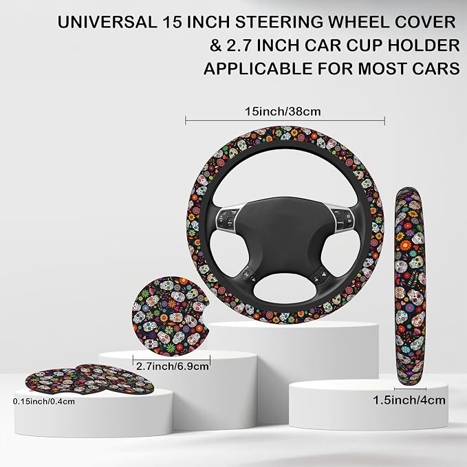 Day of The Dead Sugar Skull Steering Wheel Cover with 2 Pcs Car Coasters Neoprene Steering Wheel Cover for Women Men Anti-Slip Breathable Car Accessories Universal 15 Inch Fit Auto Cars Trucks