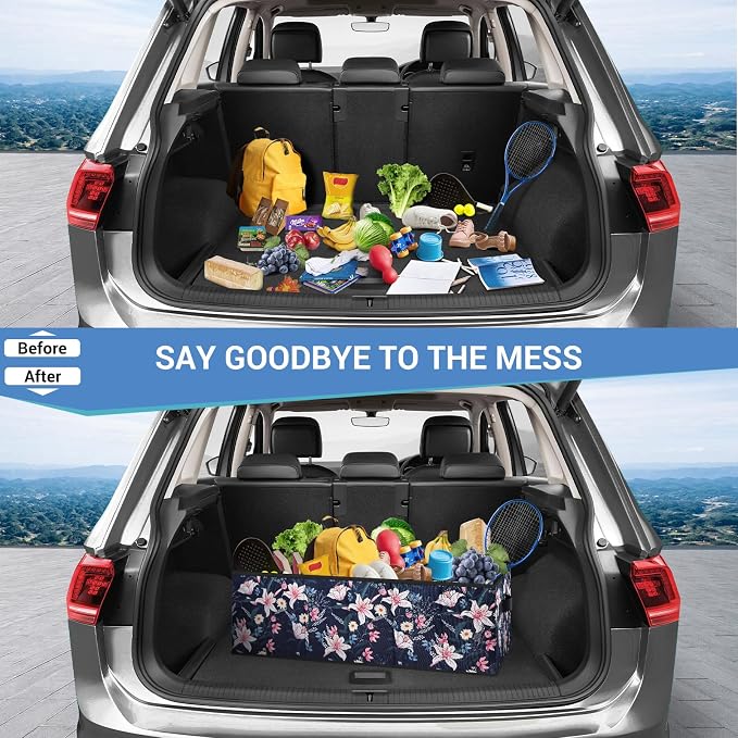 Trunk Organizer for Car, Car Organizer, Sturdy Trunk Organizer for SUV, Non-Slip Bottom, Storage Organizer for Sedans, Van, Jeep, Grocery, Large 3 Compartments, Floral 32"×13"×10.6"
