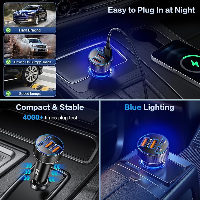 USB C Car Charger, 3-Pack Multi Port 90W Super Fast Charging Cigarette Lighter Adapter, 4-in-1 Dual USB-C & USB-A Car Phone Power Adapter for iPhone 17/16/15/Pro Max, iPad, Samsung Galaxy S25