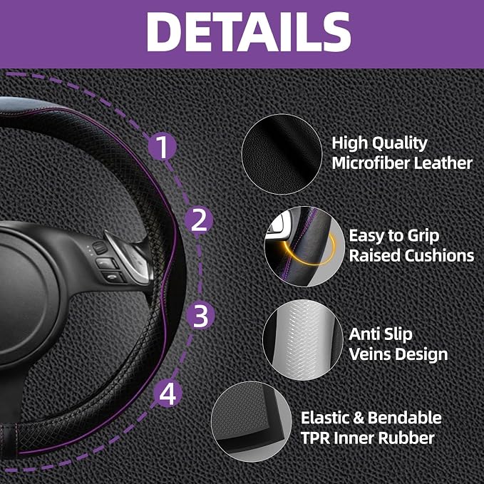 14 PCS Leather Car Seat Covers Full Set, 14.5”-15'' Sporty Steering Wheel Cover Universal, Center Console Cover, Seat Belt Cushion, Cup Holder Coaster, Car Interior Set Purple