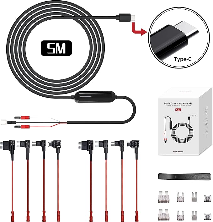 Dash Cam Hardwire Kit, 16.4ft/5M Type C USB Hardwire Kit 12V-24V to 5V with Low Voltage Protection Car Dash Camera Charger Power Cord, Enables Parking Mode, Supply All USB Type-C Dash Camera