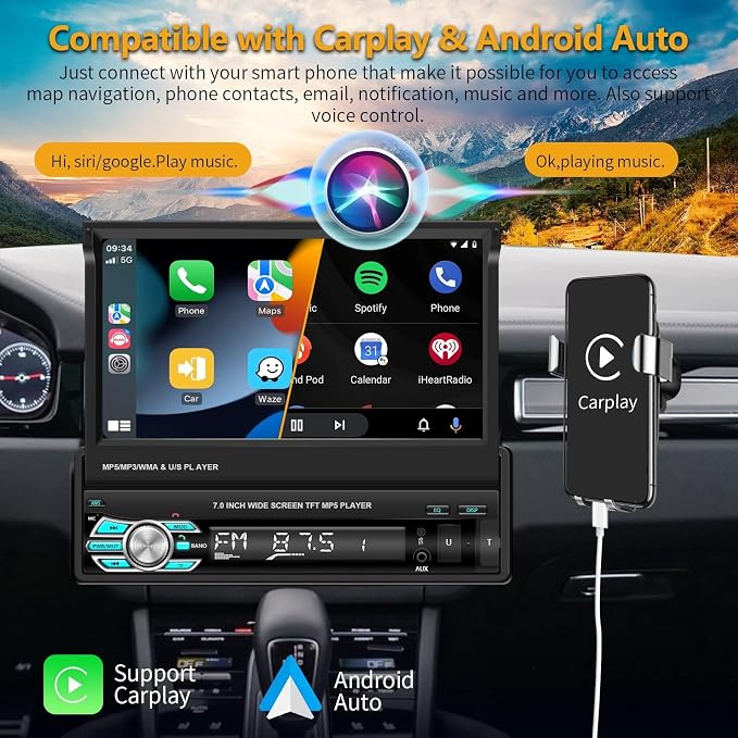 Single Din Carplay Car Stereo with Bluetooth AHD Backup Camera, 7 Inch flip Out Touch Screen Car Radio MP5 Player Support Android Auto, Mirror Link, USB, TF, FM Radio, Aux-in, SWC