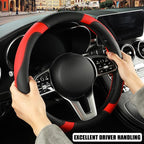 Black Red Microfiber Leather D Shaped Steering Wheel Cover | Breathable Anti Slip Grip Cool Sporty Look Glow for Women Men