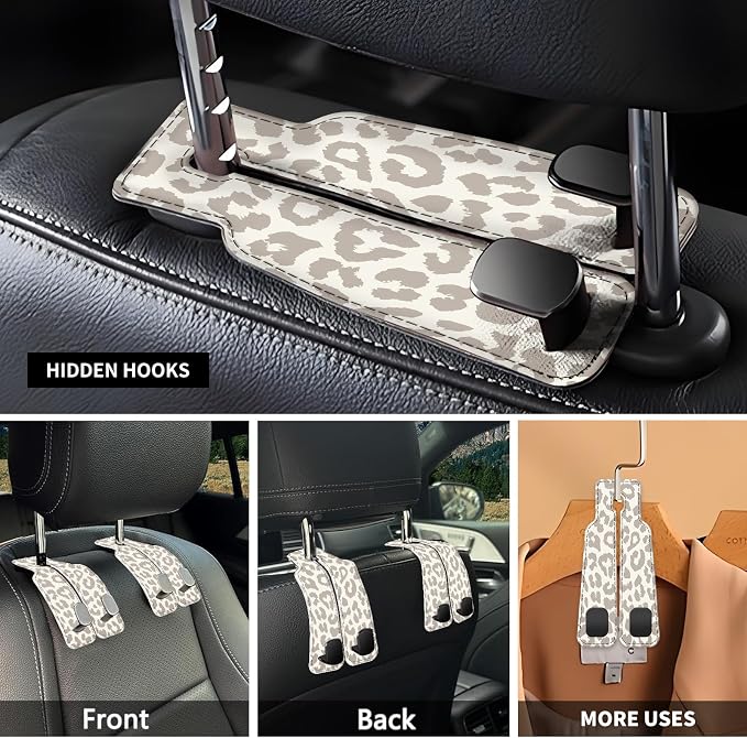 Car Seat Headrest Hook, Universal Leather Cute Hanger Holder Hook, Storage Organizer Interior Accessories for Purse Bags Handbag Luxury Grey Leopard