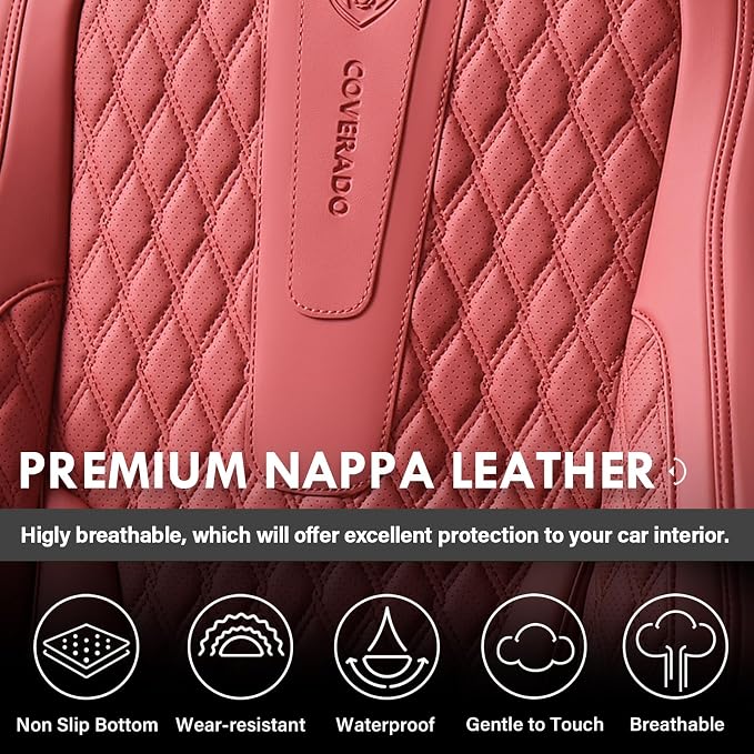 Coverado Car Seat Covers Front, Nappa Leather Seat Covers for Cars, Waterproof Seat Covers with Lumbar Support Universal Fit for Most Cars SUV Trucks, Automotive Seat Covers (Front, Red-Blackline)