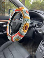 Steering Wheel Cover,Handmade Crochet Rainbow Sunflower Granny Square Steering Wheel Covers (Steering Wheel Cover+2 Belt Cover)